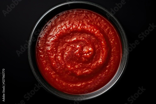 Top view of tomato paste in a black ceramic bowl isolated on a white background