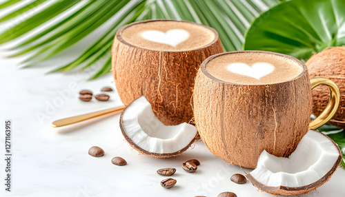 Exotic coconut latte heart served in coconut shell with tropical palm background