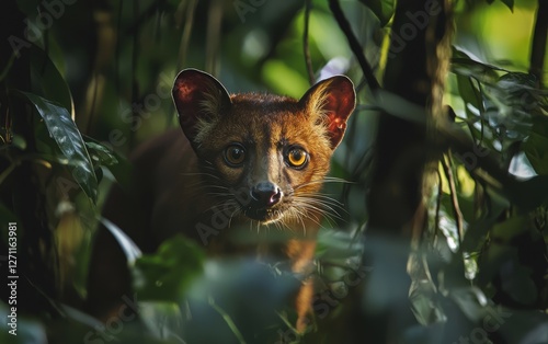 A fossa stealthily hunting in the Madagascan rainforest
