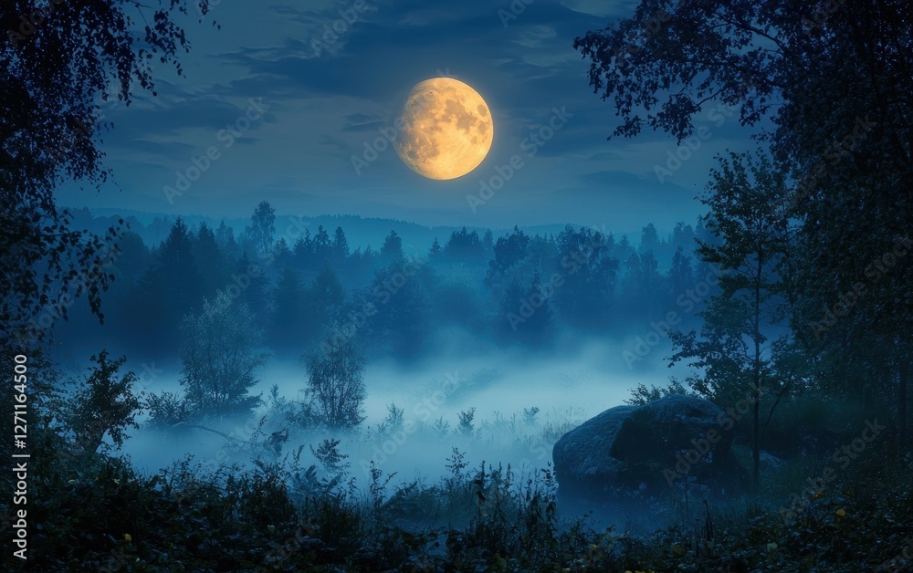 Fototapeta premium A full moon casting its glow over a misty forest