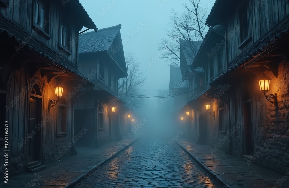 Dark medieval street with lanterns in fog at dusk. Gloomy cityscape digital art. Eerie light illuminates cobblestone road in mystery town, creating scary skittish atmosphere. Dark medieval street with lanterns in fog at dusk. Gloomy cityscape digital art. Eerie light illuminates cobblestone road in mystery town, creating scary skittish atmosphere.