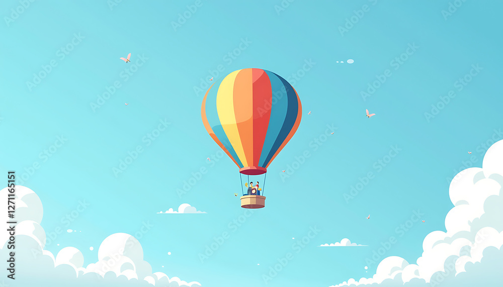Colorful hot air balloon flying in a bright blue sky Colorful hot air balloon flying in a bright blue sky