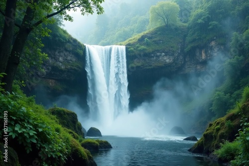 Waterfall's misty veil shrouds the surrounding foliage in mystery and tranquility, nature, raindrops, mist