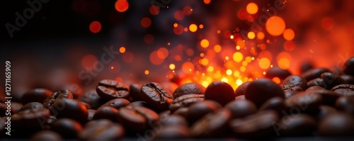 glowing red sparks rise from freshly roasted coffee beans, fragrance, glow, flame