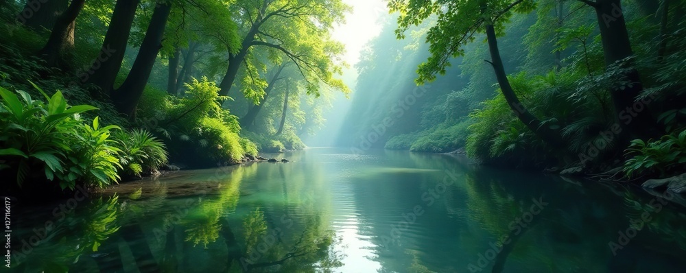 Fototapeta premium River's surface reflects the surrounding foliage, calm, rainforest, serene