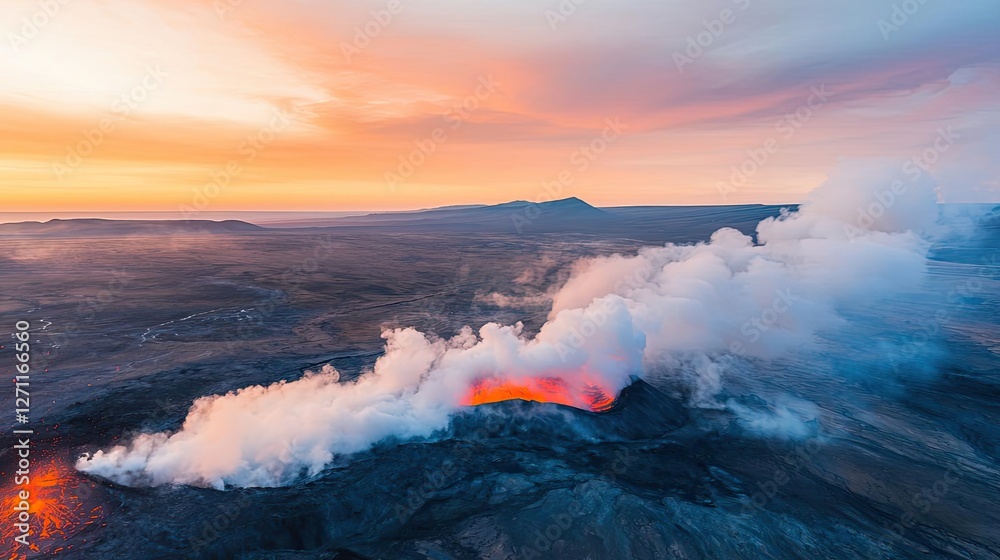 Obraz premium Volcanic landscapes concept. Breathtaking aerial view of a volcano erupting with vibrant lava and dramatic smoke.