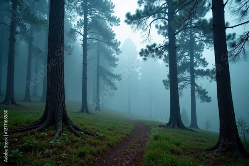 Foggy pine forest with misty branches and trunks, pine, trunk, softwood