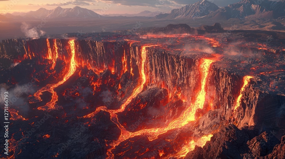 Fototapeta premium Volcanic landscapes concept. A breathtaking view of flowing lava from an active volcano at sunset.
