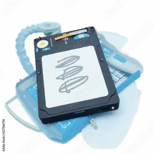 Solid state drive icon with scribble design in flat style on light background and copy space

