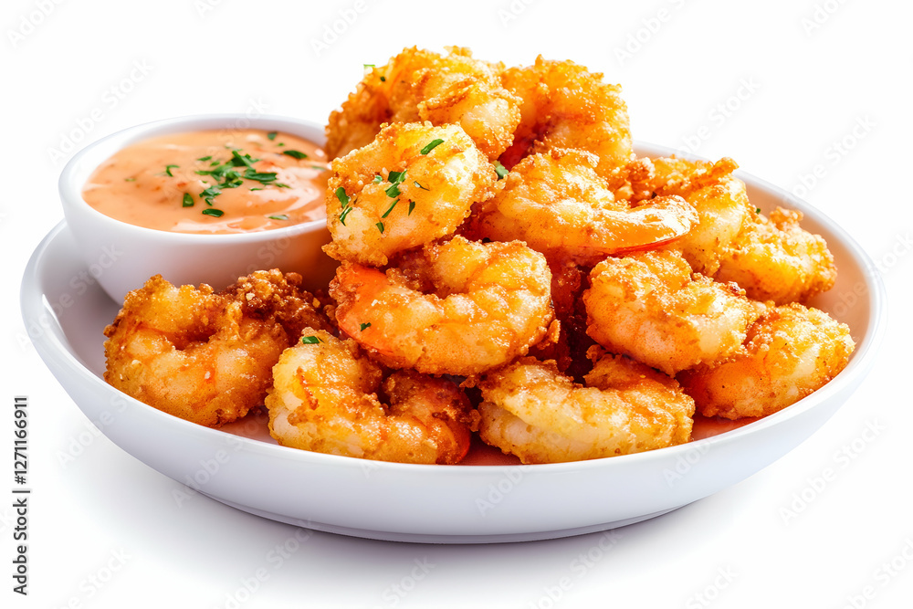 Fried shrimp are served with pink dipping sauce on a plate for tasty food ads Fried shrimp are served with pink dipping sauce on a plate for tasty food ads