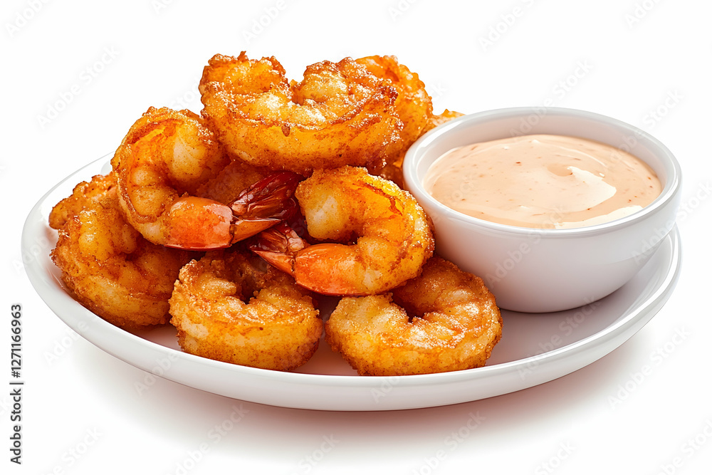 Fried Shrimp Plate, Dipping Sauce. Cooking at home recipe or restaurant seafood Fried Shrimp Plate, Dipping Sauce. Cooking at home recipe or restaurant seafood