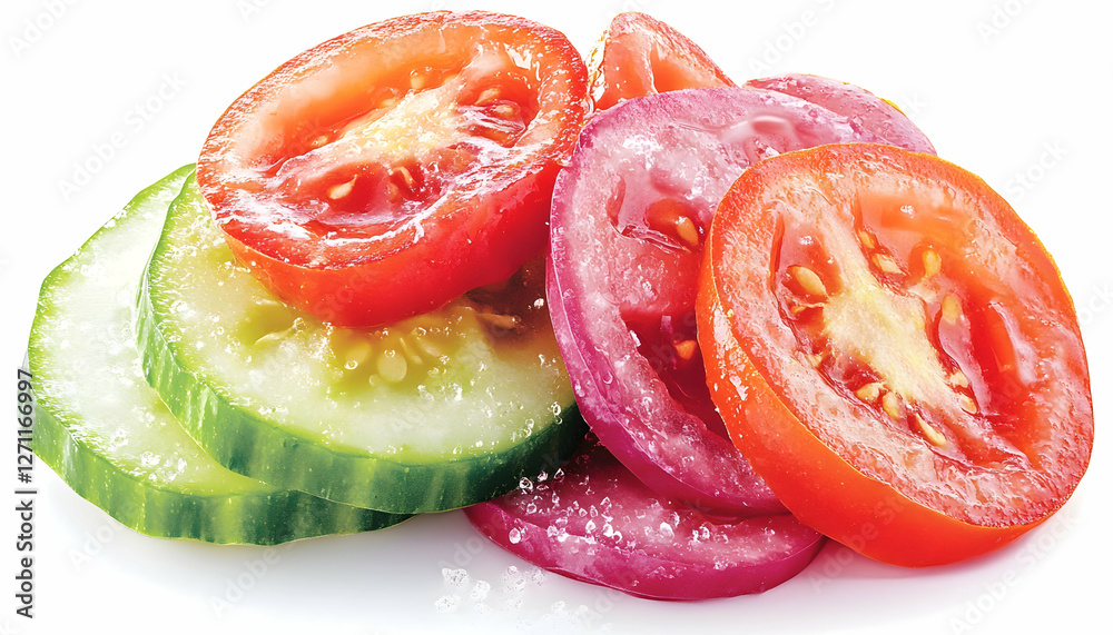 Fresh slices of cucumber and tomato on a white background; healthy eating Fresh slices of cucumber and tomato on a white background; healthy eating