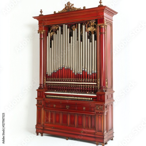 A vintage pipe organ featuring an elaborate wooden structure with shiny metallic pipes and ornate detailing, set against a white background.