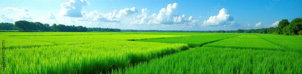 Obraz premium Water-covered rice fields with lush greenery under an open blue sky, farm, rice fields, water
