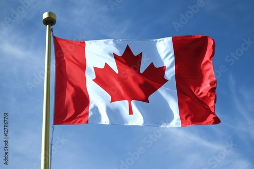 A Canadian flag waving freely in a blue sky, perfect for patriotic events or national pride themes photo