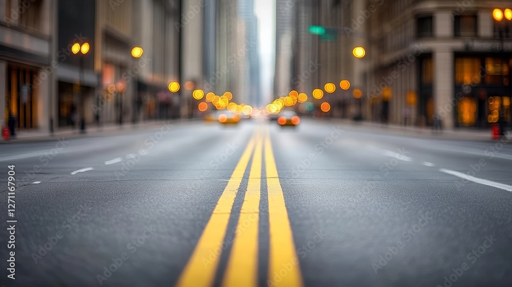 Empty city street at dusk with a peaceful atmosphere, distant buildings, and glowing car lights, capturing urban solitude and evening tranquility. Empty city street at dusk with a peaceful atmosphere, distant buildings, and glowing car lights, capturing urban solitude and evening tranquility.