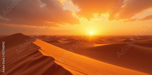Fototapeta Naklejka Na Ścianę i Meble -  Sandy dunes stretch towards the orange sky at sunset, golden, texture