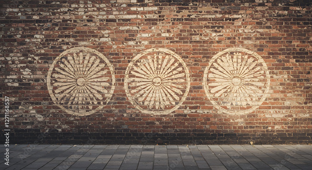 Fototapeta premium Three Circular Designs on Brick Wall with Paved Ground Urban Scene