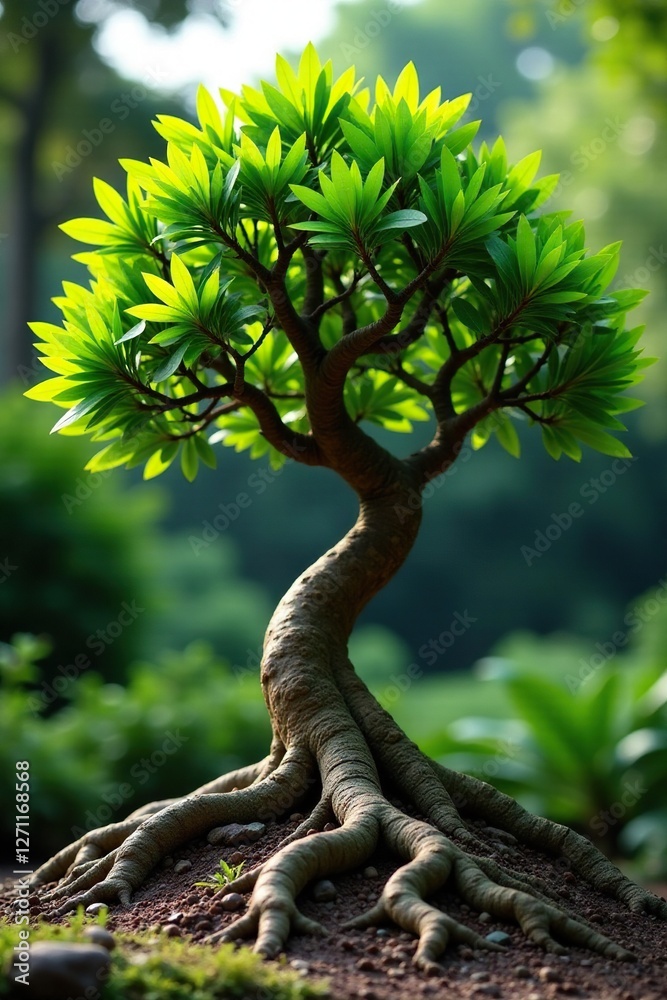 Asian ficus tree with gnarled roots in garden, Asia, Ficus Asian ficus tree with gnarled roots in garden, Asia, Ficus