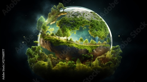 A glowing green Earth surrounded by trees and nature, representing ecological balance and conservation.