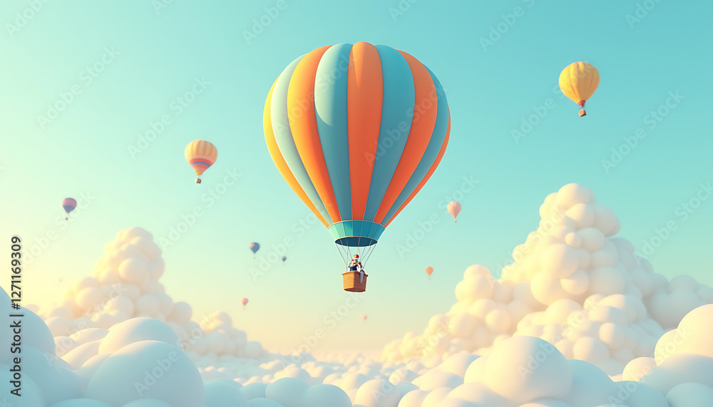 Colorful hot air balloon flying above fluffy clouds Colorful hot air balloon flying above fluffy clouds