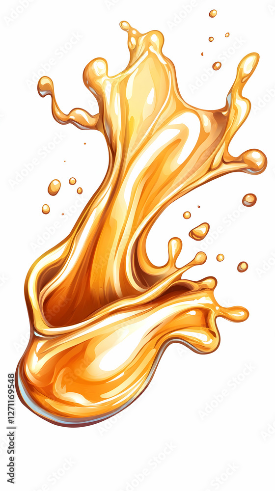 Fototapeta premium Golden liquid splash. Abstract honey, oil or juice flow on white background