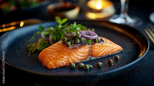 Exquisite salmon steak presentation with capers and thinly sliced red onions photo