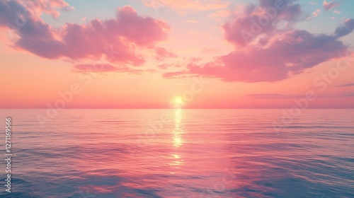 A serene sunset over calm ocean waters, featuring vibrant pink and orange hues reflected on the surface, creating a tranquil and picturesque scene.