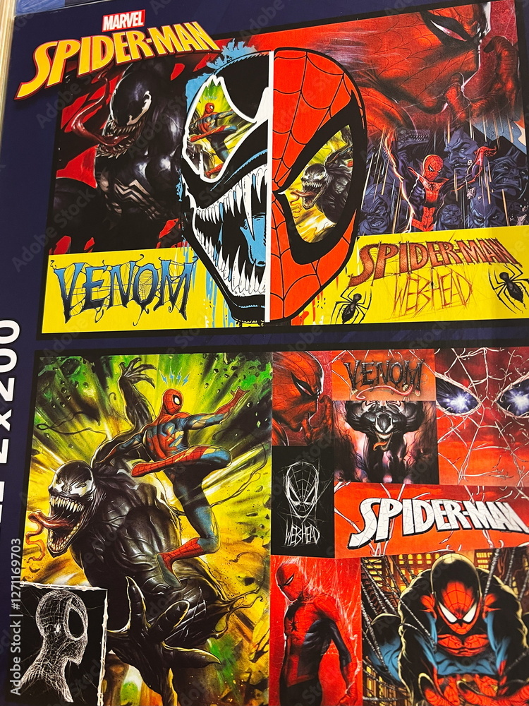 Obraz premium Lviv, Ukraine - February 16, 2025: Colorful poster featuring Marvel's Spider-Man and Venom in dynamic artistic visuals
