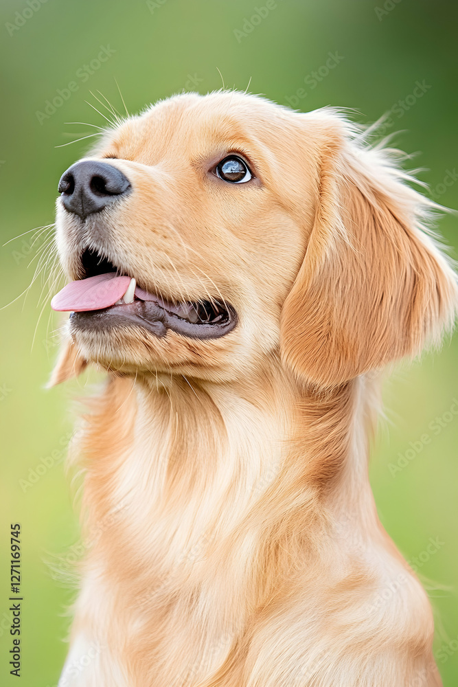 Golden retriever stares curiously in the background. Can be used in pet care ads Golden retriever stares curiously in the background. Can be used in pet care ads