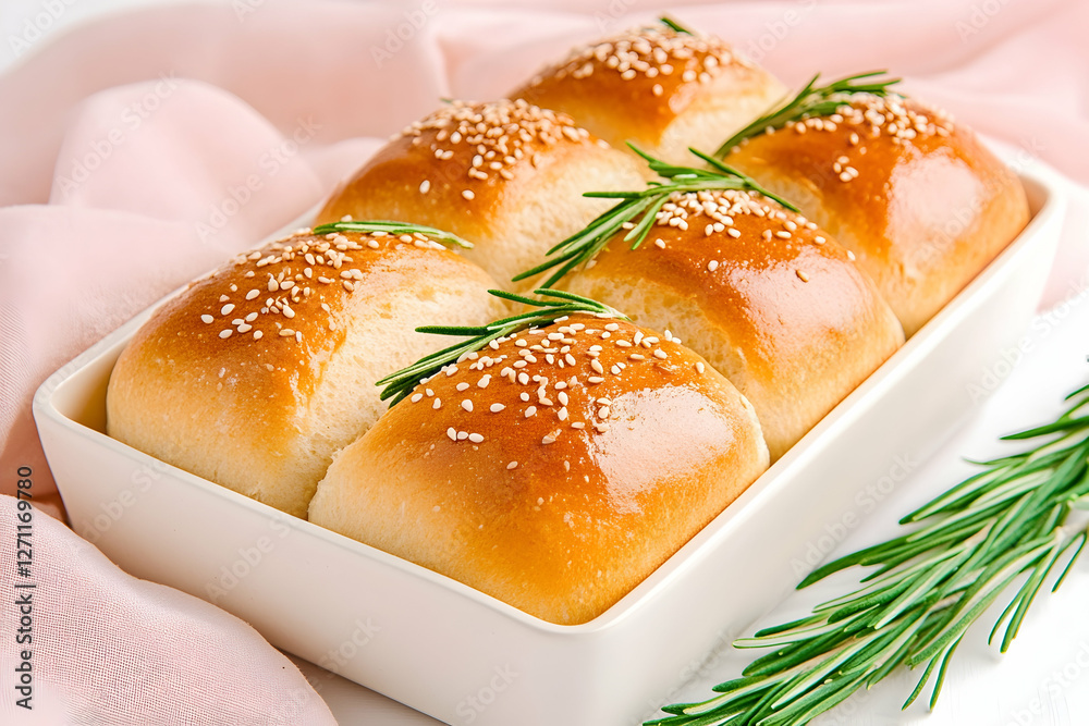 Golden rolls, sesame seed and rosemary, in a white tray, pink fabric. Use Recipe Golden rolls, sesame seed and rosemary, in a white tray, pink fabric. Use Recipe