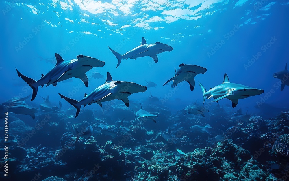 Fototapeta premium A group of hammerhead sharks patrolling the depths