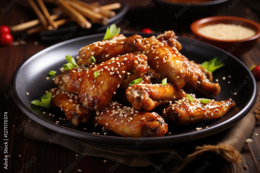 Fototapeta premium Traditional Asian recipe for chicken wings with sesame and sauce