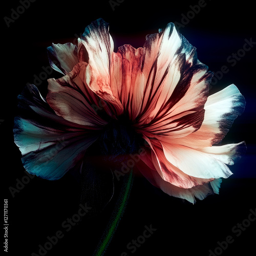 Close-up of a flower with cream-colored petals. The contrasting black background enhances the sense of softness and harmony of natural forms