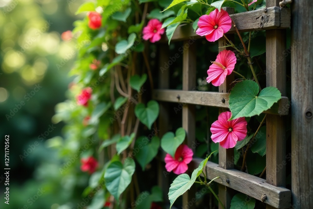 Fototapeta premium Exotic flower vines crawling up a wooden trellis, exotic flowers, vine, garden decor