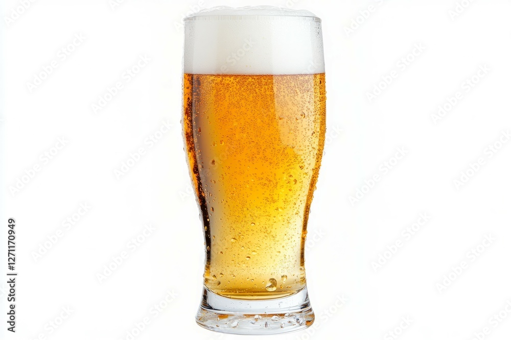 Tall beer glass with foamy head on white background. Artificial Intelligence Tall beer glass with foamy head on white background. Artificial Intelligence