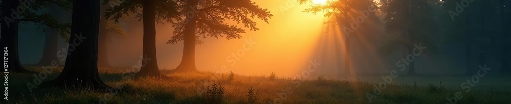 Obraz premium Softly glowing golden light on misty forest surface at dusk, warm, mist, gentle