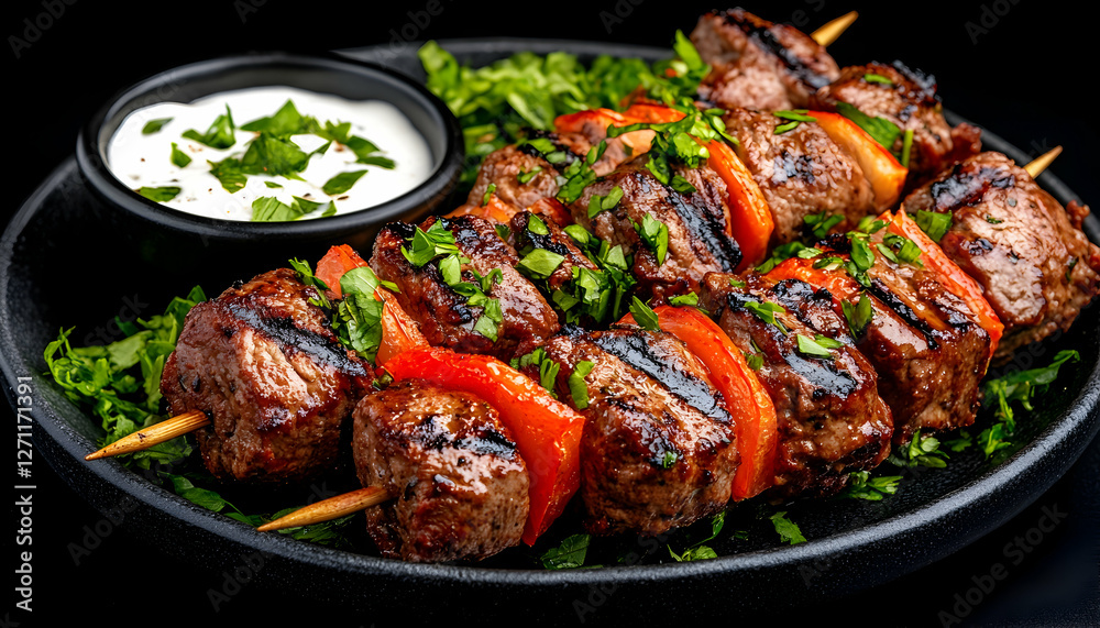 Grilled meat skewers with peppers on a platter, with sauce. Ready to serve Grilled meat skewers with peppers on a platter, with sauce. Ready to serve