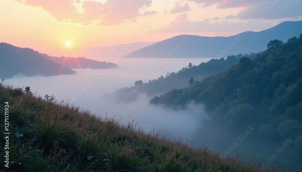 Ethereal mist rises from the earth, shrouding the landscape in mystery and wonder, eerie calm, quiet morning, serene landscape Ethereal mist rises from the earth, shrouding the landscape in mystery and wonder, eerie calm, quiet morning, serene landscape