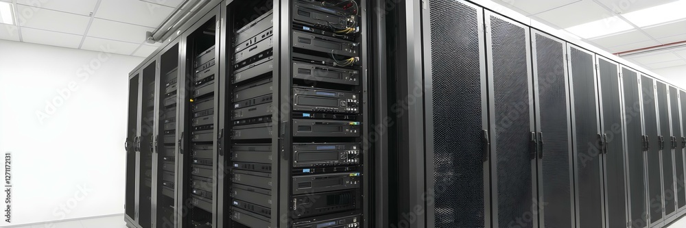 Data Fortress: A vast server room, illuminated by ambient light, houses rows of powerful servers, symbolizing the core of modern technological infrastructure Data Fortress: A vast server room, illuminated by ambient light, houses rows of powerful servers, symbolizing the core of modern technological infrastructure