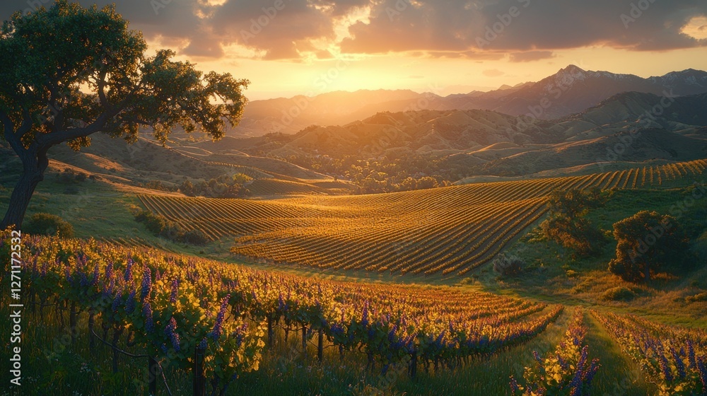 Naklejka premium Sunset vineyard landscape, rolling hills, golden hour, idyllic rural scene, travel poster