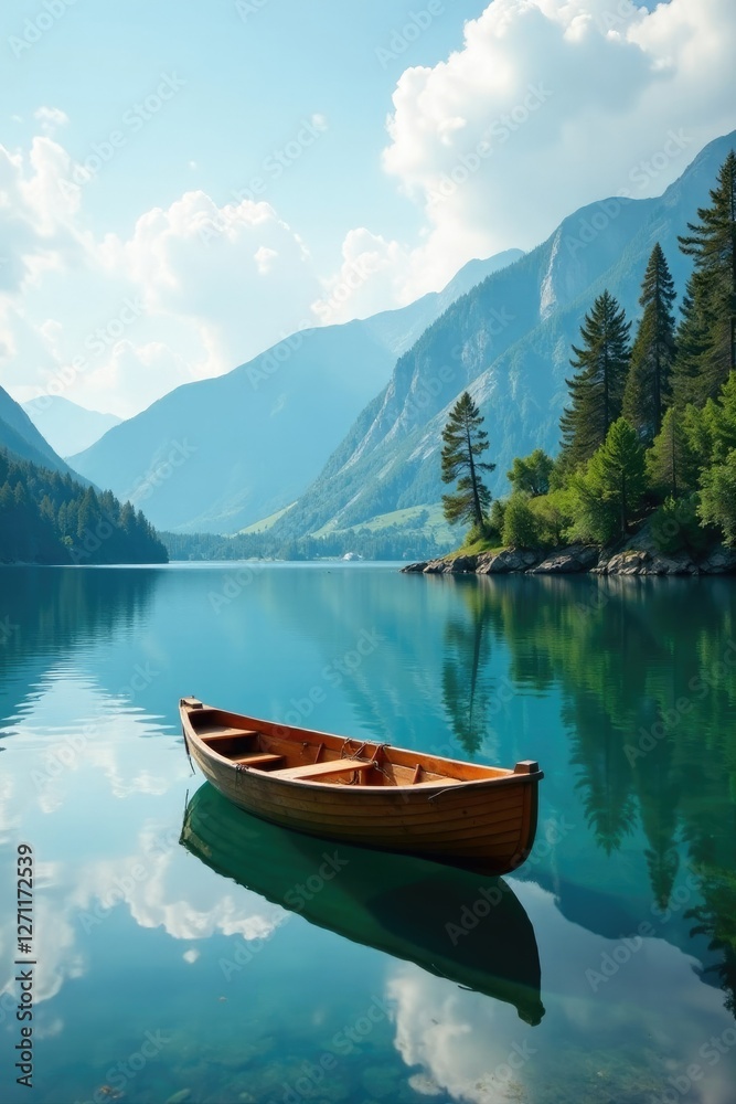 Serene lake with a small wooden rowboat on the calm water, nature, boat, water Serene lake with a small wooden rowboat on the calm water, nature, boat, water