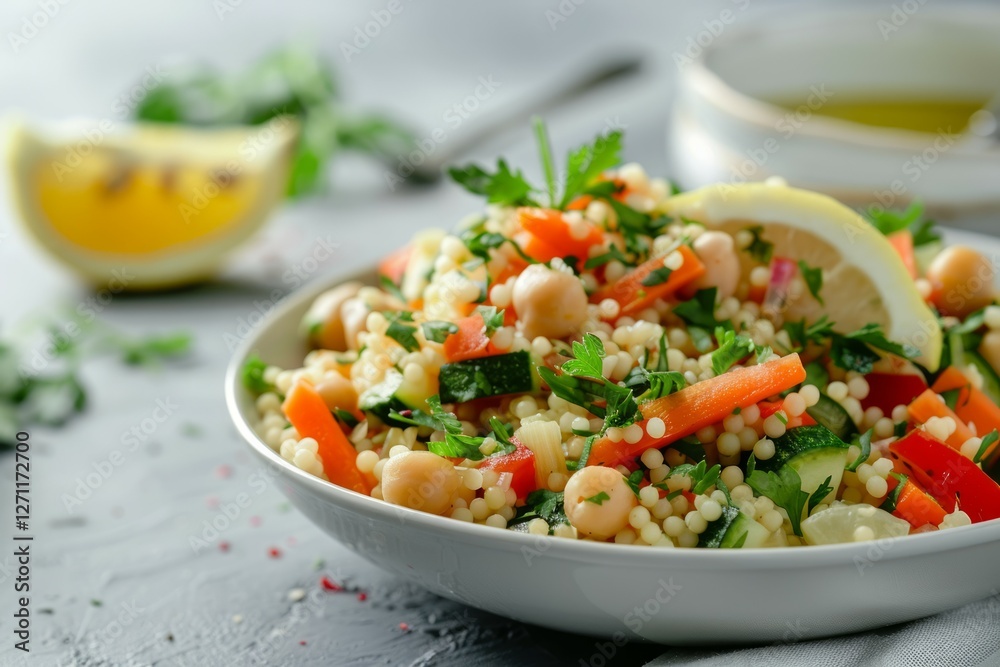 Colorful couscous salad with fresh vegetables. Artificial intelligence image Colorful couscous salad with fresh vegetables. Artificial intelligence image