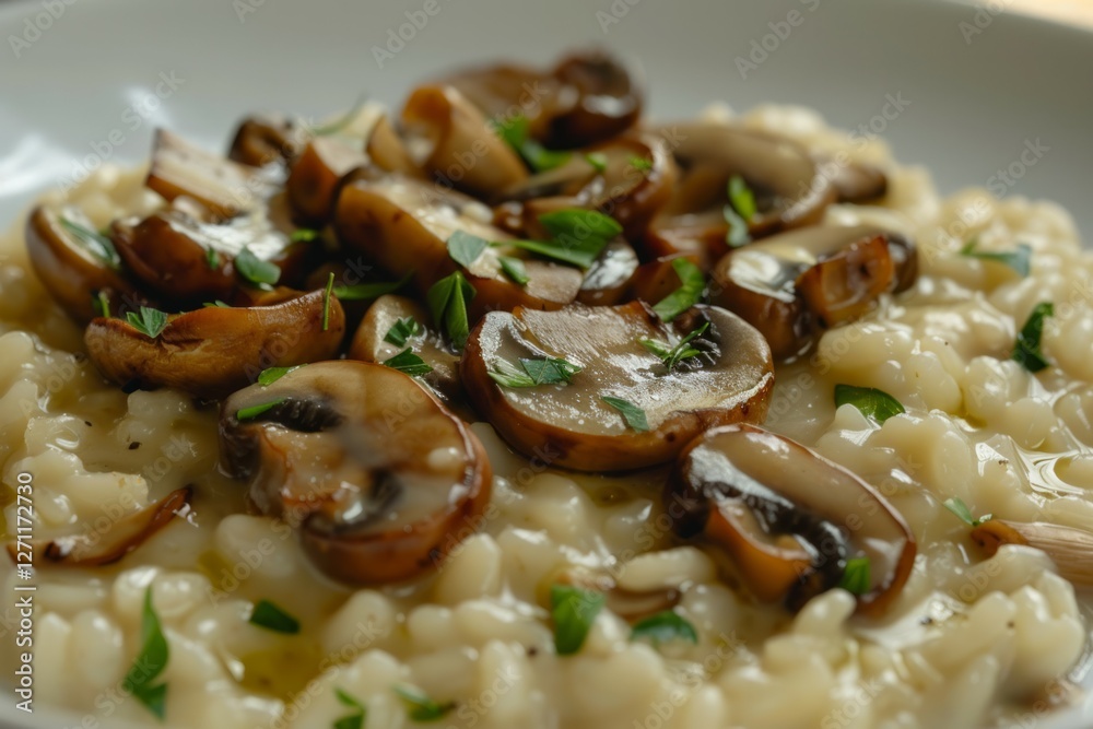 Creamy mushroom risotto on white plate. Artificial intelligence image Creamy mushroom risotto on white plate. Artificial intelligence image