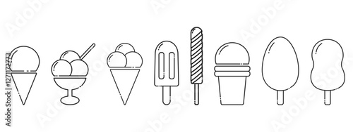 Ice cream cone, Eskimo and beads in bowl Linear icons Pictogram Logo minimalist design concept Set 8