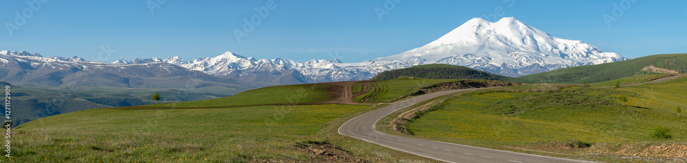 Naklejka premium Panorama of the Caucasus Mountains with a view of Elbrus. Kabardino-Balkaria, Russia