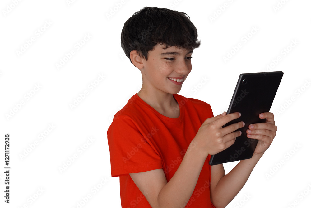 preteen boy with freckles smiling while looking at the screen of a tablet. white background preteen boy with freckles smiling while looking at the screen of a tablet. white background