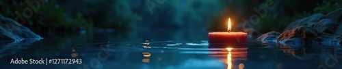 shimmering pool of water reflects the glow of candles, soothing light, night sky, single candle