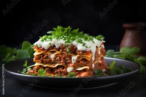 Traditional lasagna with beef bolognese coriander on a black background