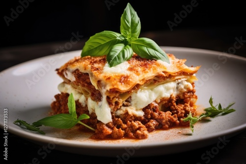 Wallpaper Mural Traditional lasagna with minced beef bolognese sauce and basil leaves on a white plate Torontodigital.ca